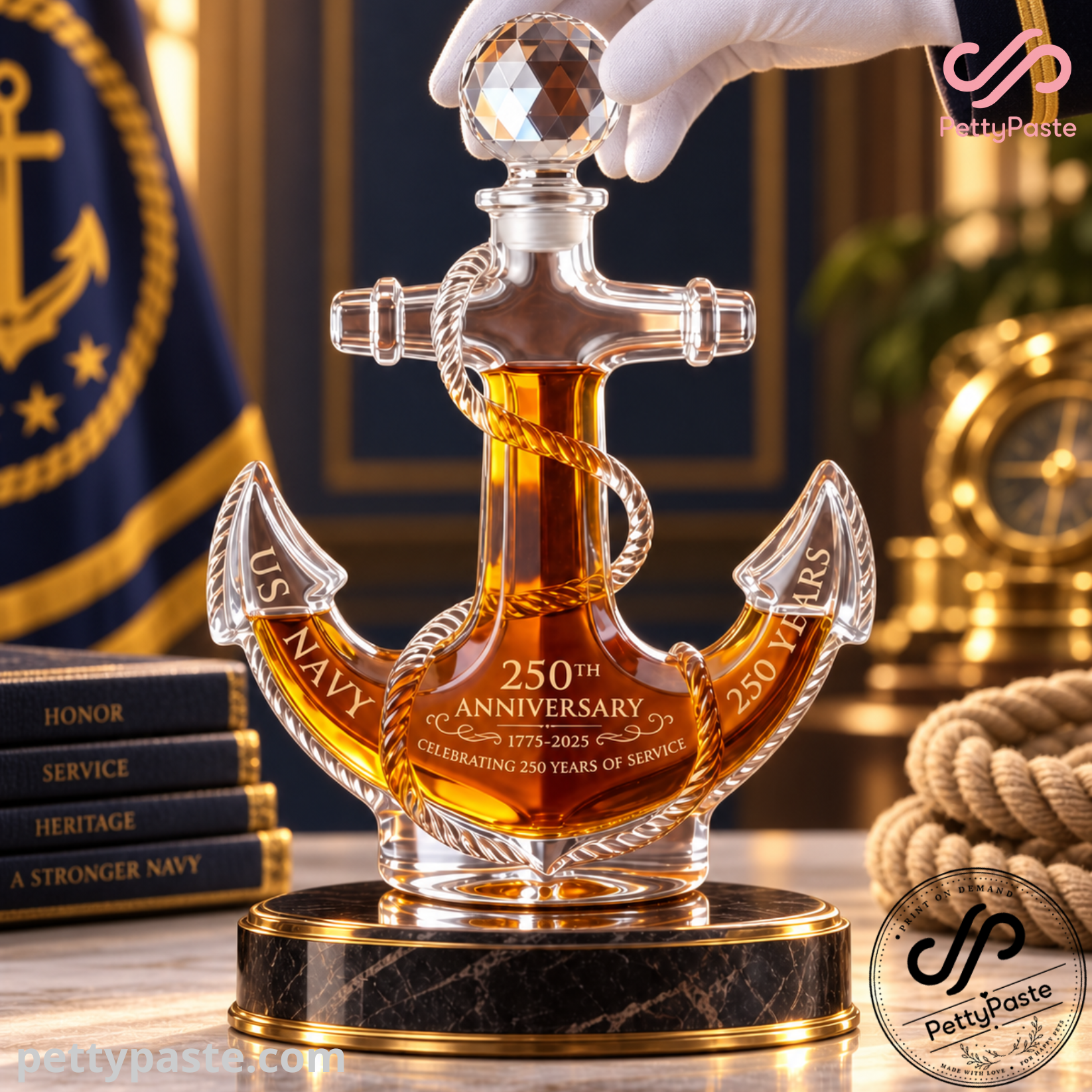 US Navy 250th Anniversary Glass Anchor Decanter - Nautical Military Retirement Gift